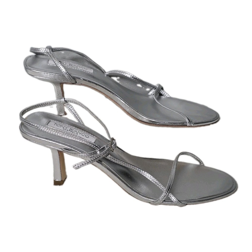 EUC Tony Bianco Caprice Heel 7 Silver Leather Strappy Low Heel Minimal  NWT